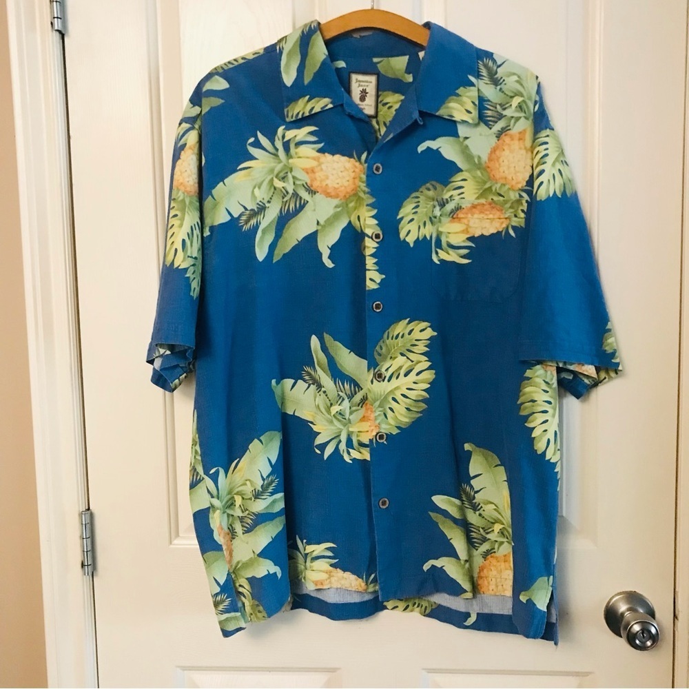 Jamaica Jaxx Silk Hawaiian Shirt Blue Pineapple Print Size Large